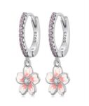 CZ HOOP EARRING WITH ENAMEL FLOWER CHARM